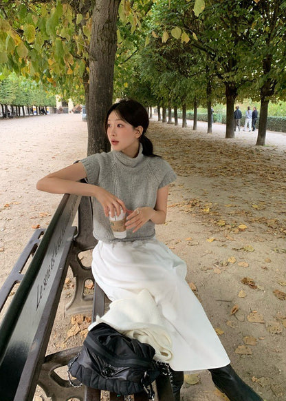 Tue. 韓女氣質高領短袖毛衣 米白/灰色
