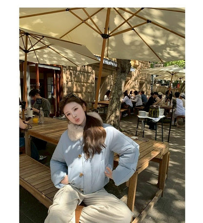 Thu. 卡斯托鎮仿狐狸毛領瘦瘦羽絨外套 藍