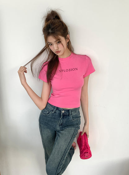 Fri. 美式短板上衣-粉 車縫修身喇叭褲