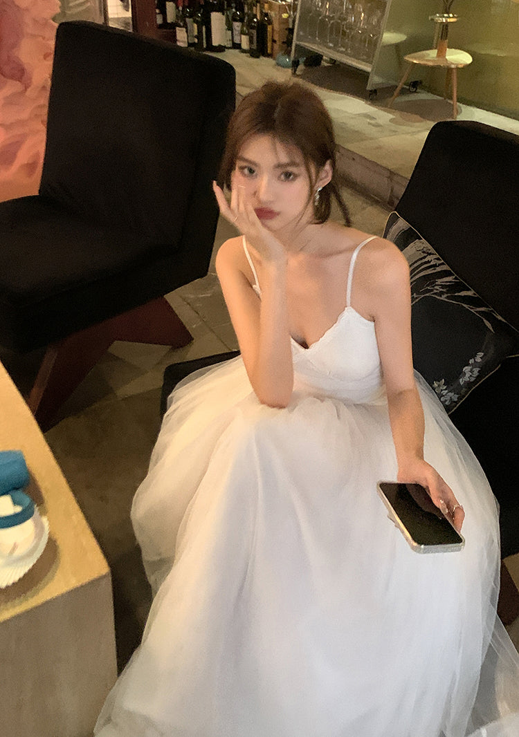 Sun. 芭蕾網紗拼接連身裙 白