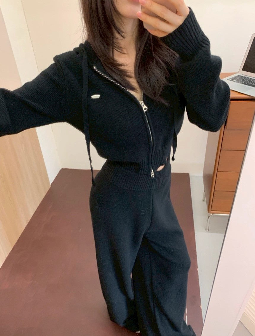 Mon. 運動休閒雙拉鏈連帽針織休閒褲套裝 黑