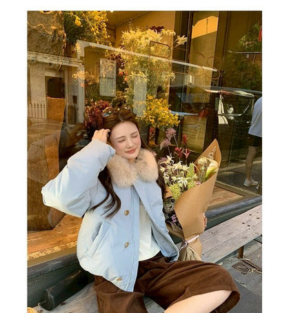 Thu. 卡斯托鎮仿狐狸毛領瘦瘦羽絨外套 藍