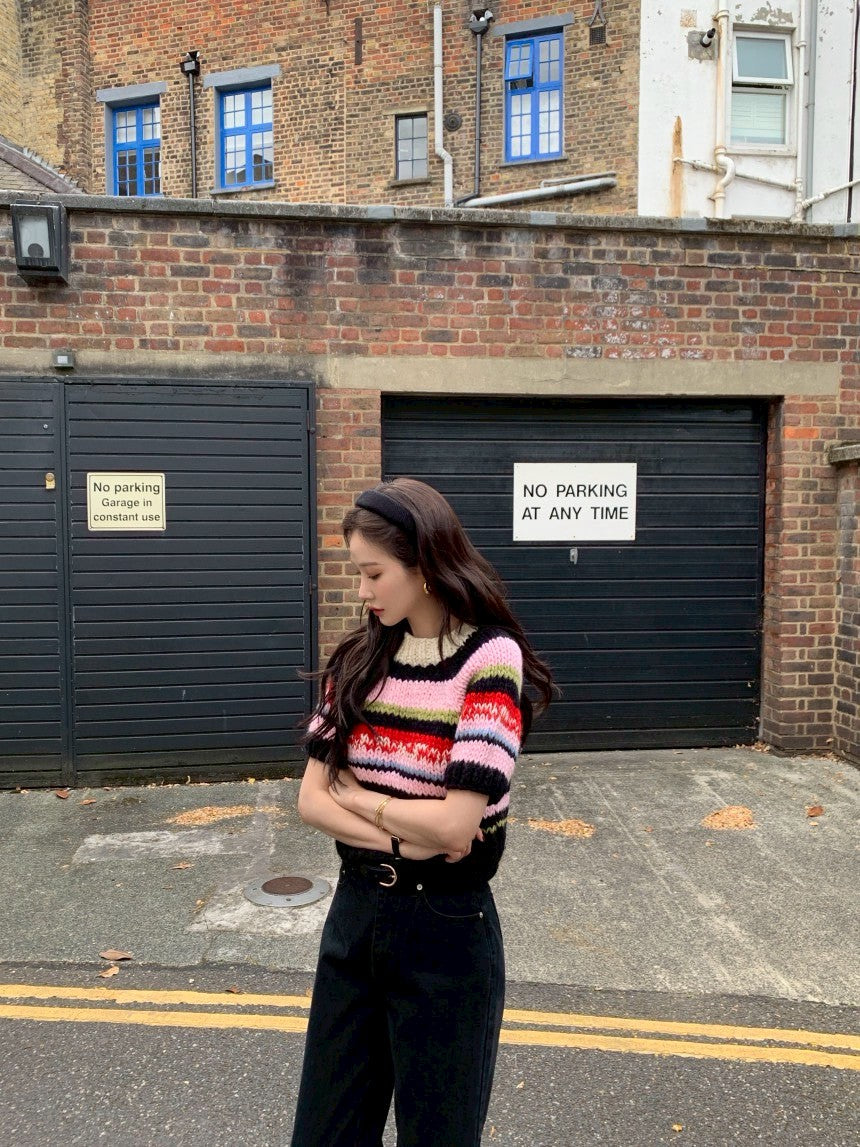 Thu. 美式慵懶勾針短袖毛衣 彩色