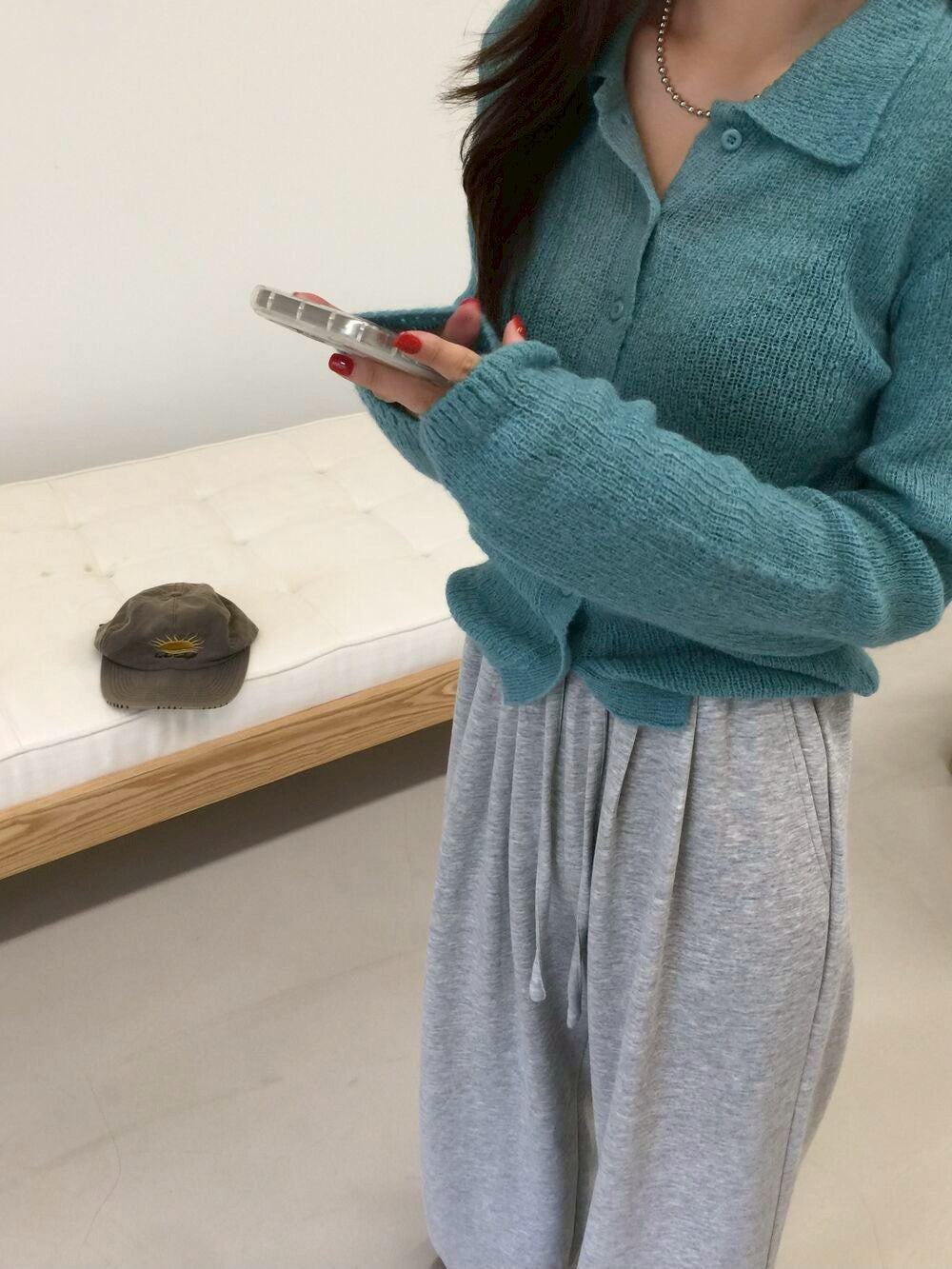 Mon. 韓女慵懶感特殊機法微透視針織襯衫 湖藍/灰