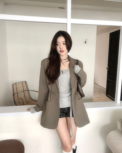 Fri. 休閒抽繩可調腰身西裝外套 卡其/黑