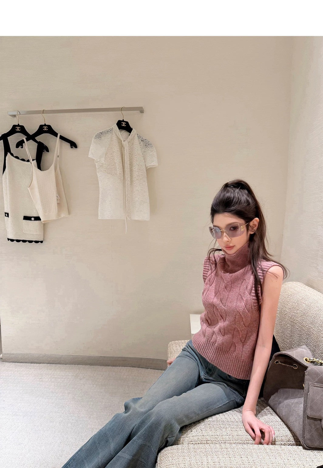 Tue. Oni小高領’’氣質麻花百搭針織背心 霧粉