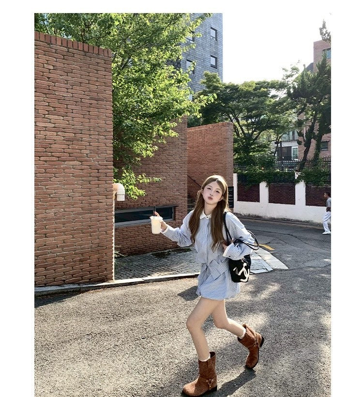 Tue. 冷調錫藍格紋花苞裙套裝