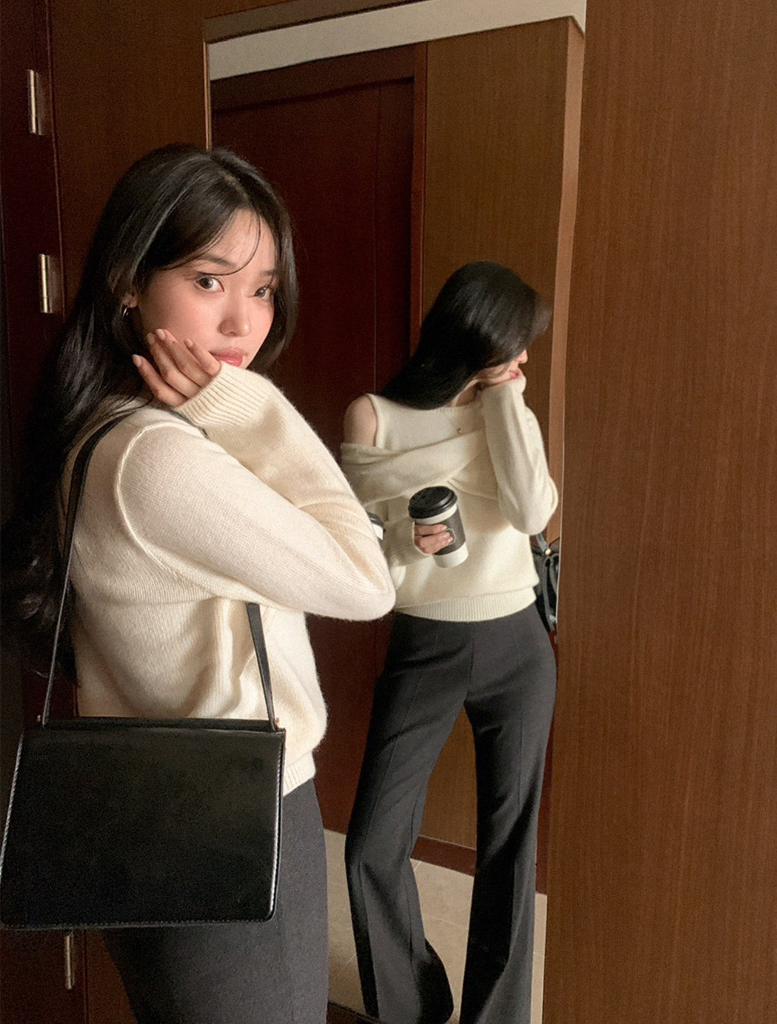 Mon. 辦公通勤 假兩件式甜美露肩針織上衣 米