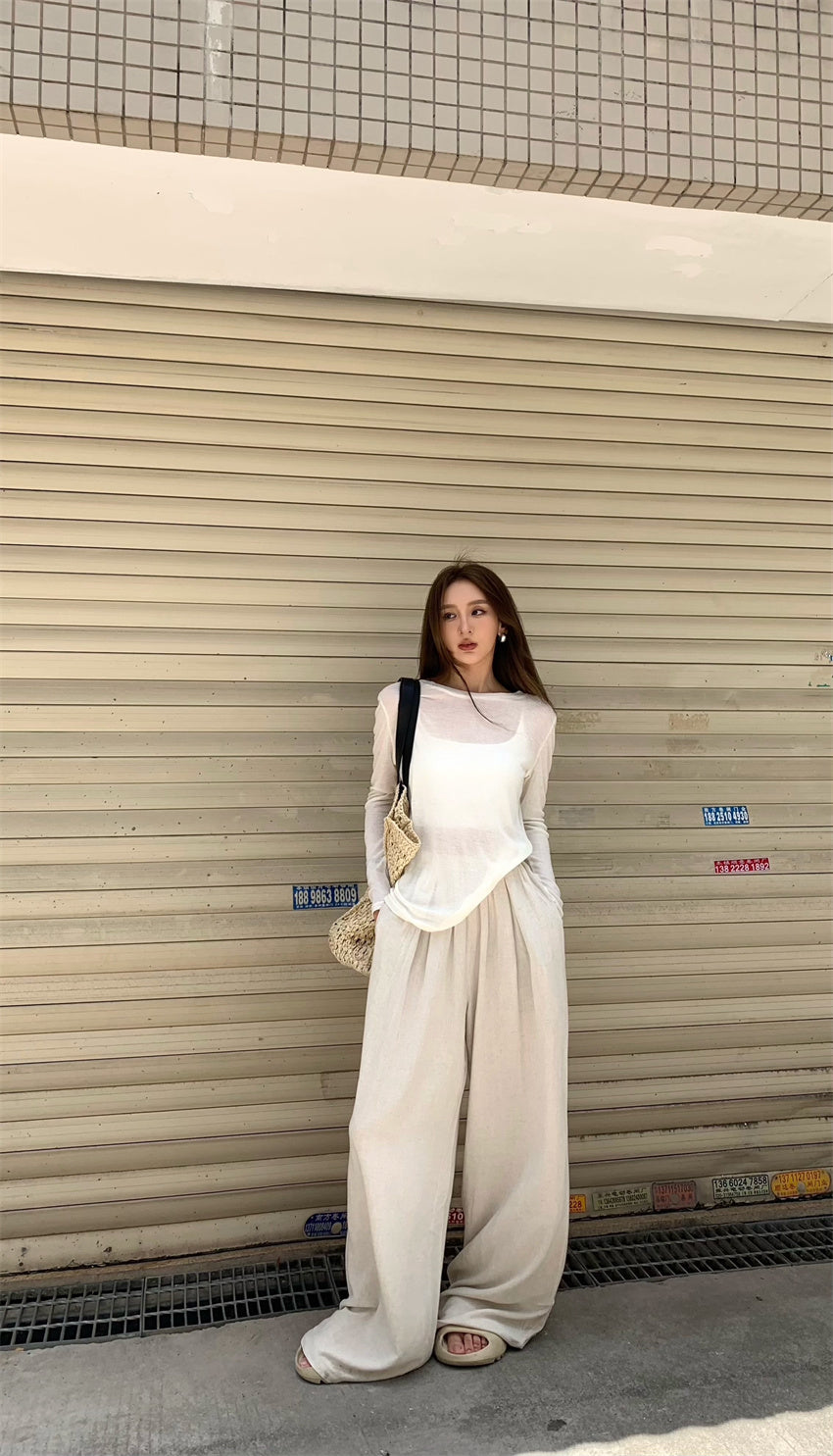 Mon. 透視感上衣 & 落地休閒褲 奶白