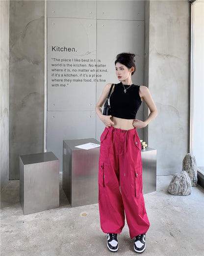 Wed. 桃紅束口工裝褲