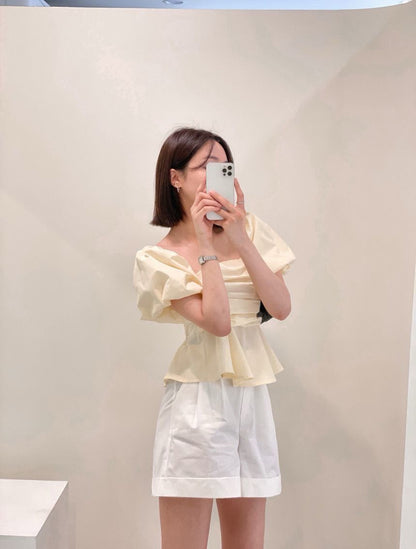 Thu. 經典顯瘦版抓皺泡泡袖上衣 奶黃/藍色