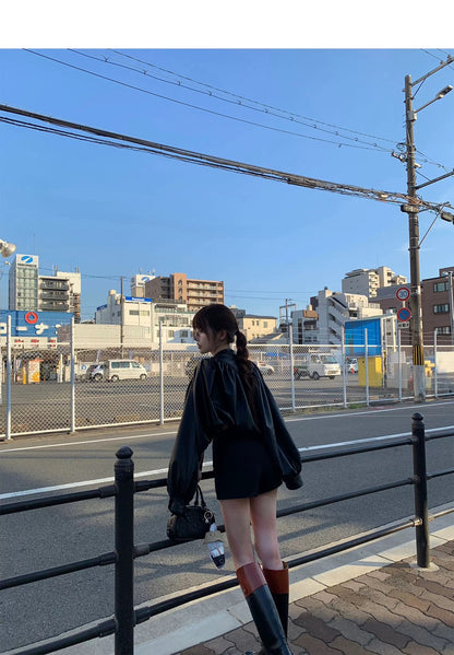 Thu. 氣質雲朵燈籠袖立領短款皮夾克