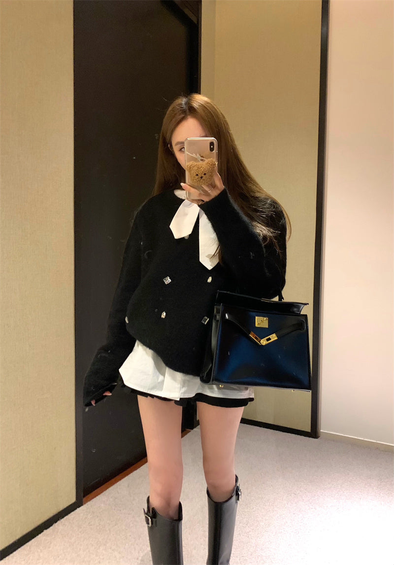 Tue. 軟糯釘鑽圓領針織上衣 領結白襯衫