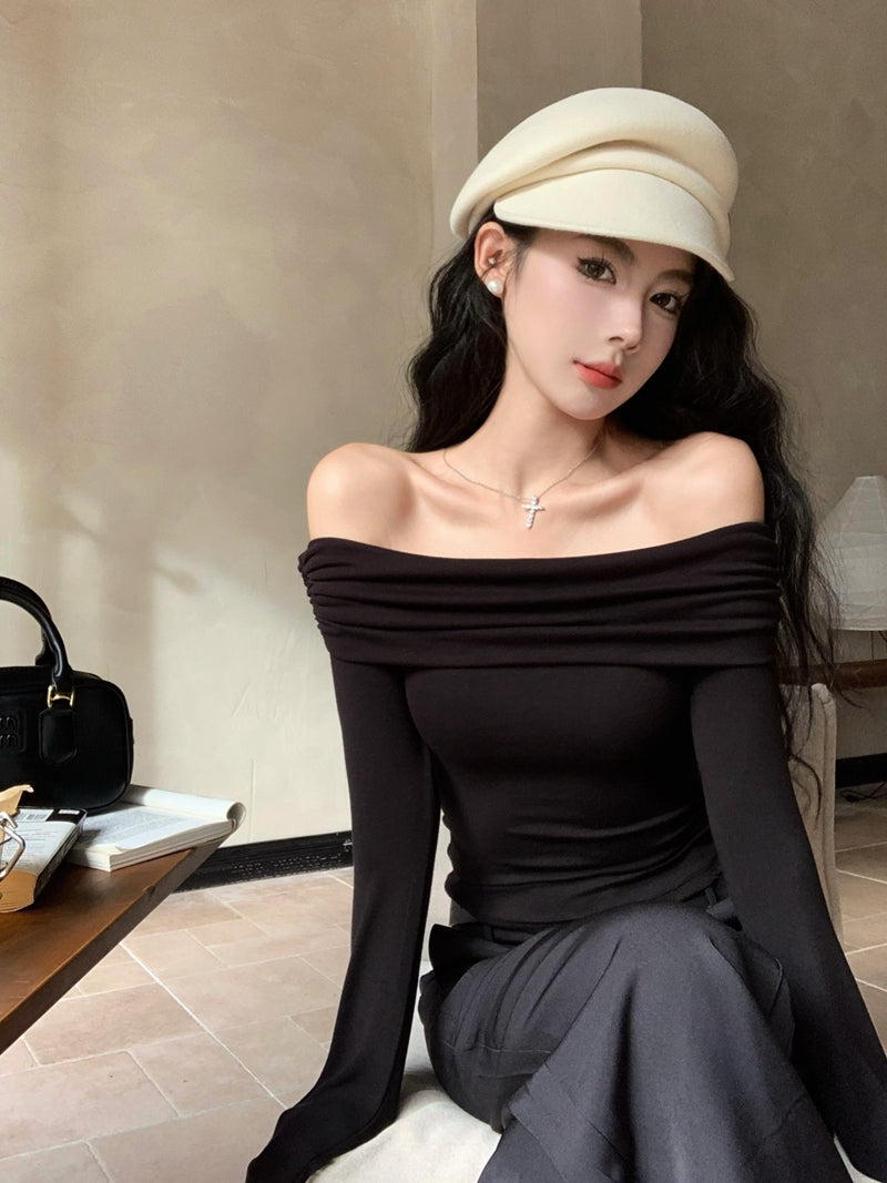 Wed. 基礎彈力百搭一字領上衣 黑/米白