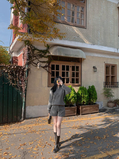 Fri. 慵懶立領針織短褲套裝 灰/米