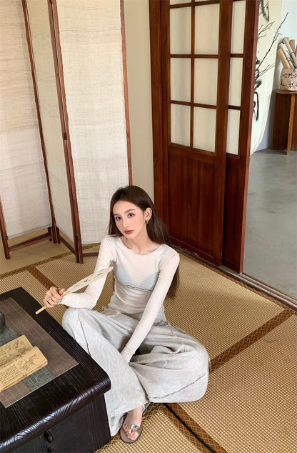 Wed. 線條塗鴉花邊打底衣 休閒褲 米色/黑