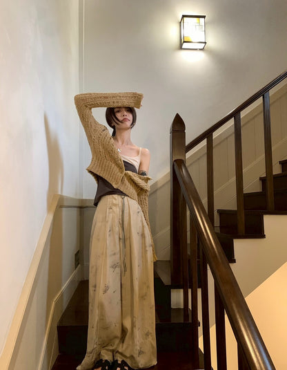 Fri. 水墨暈染中式印花高腰休閒褲 米