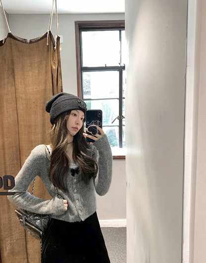 Fri. 可愛奈梨千金軟糯羊駝毛針織開衫 灰/杏