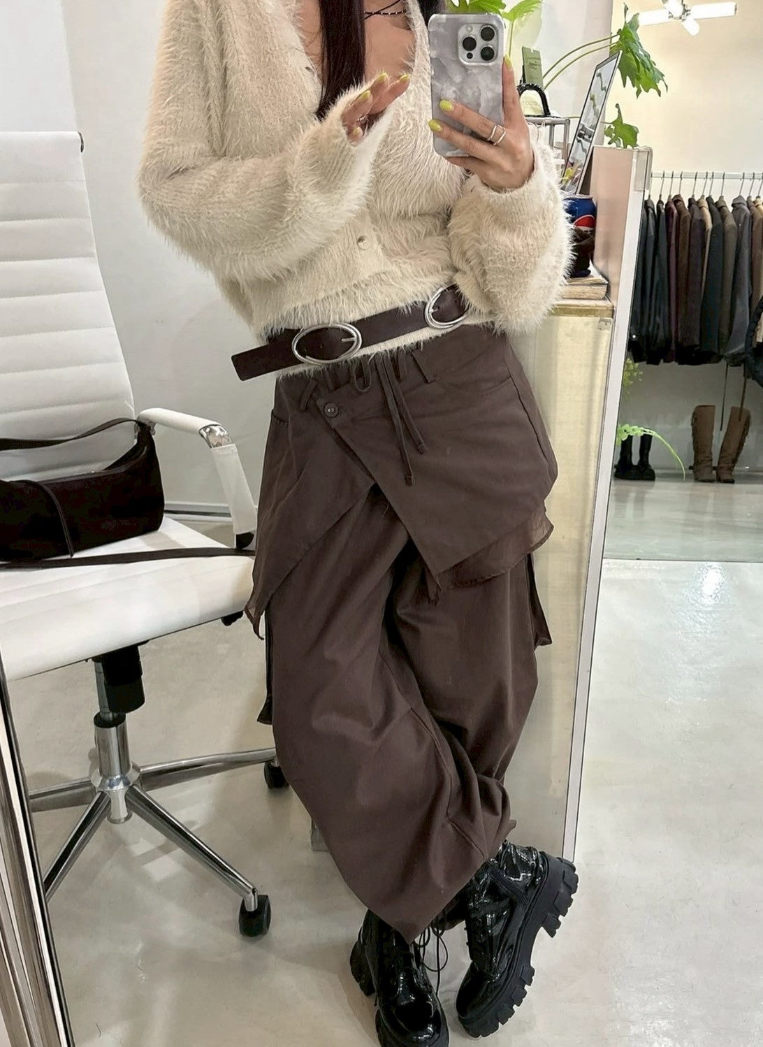 Mon. 歐美水貂毛鬆弛感上衣2件套 米/灰