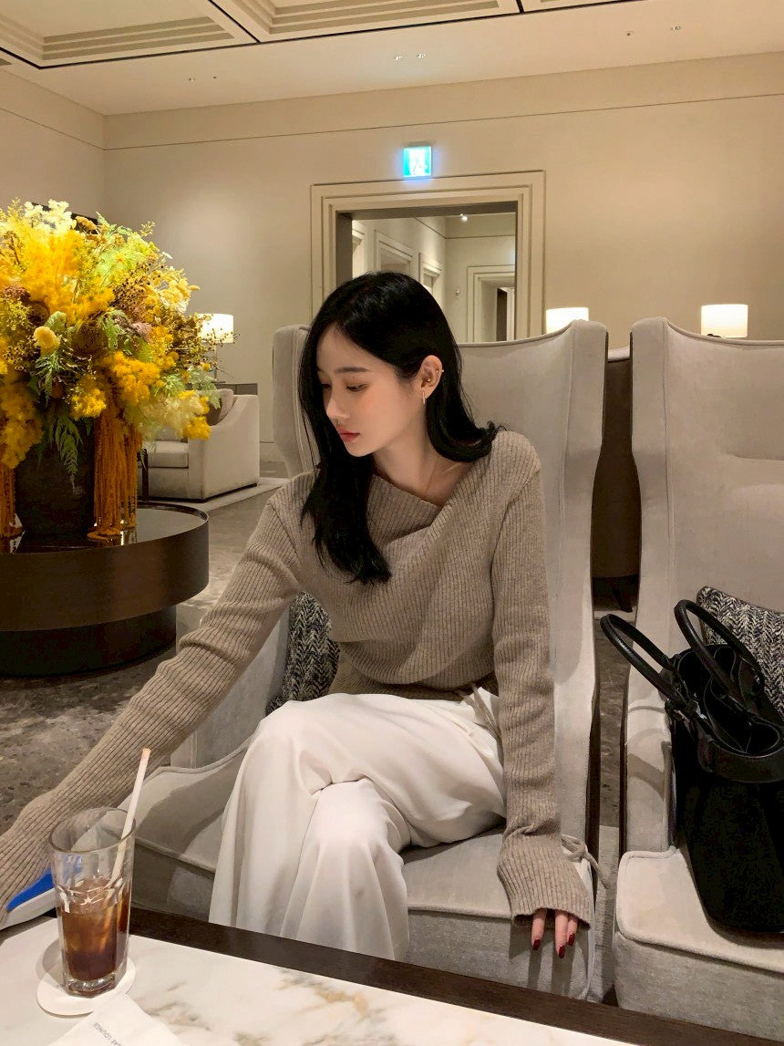 Fri. 秋冬設計感修身繫帶慵懶針織上衣 卡其/藍