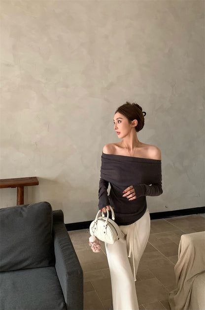 Wed. 慵懶氣質一字肩針織上衣 紫灰