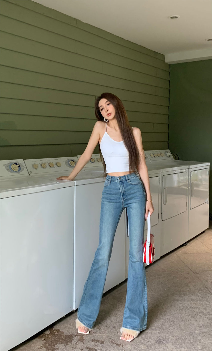 Mon. 復古顯瘦高腰喇叭褲 淺藍