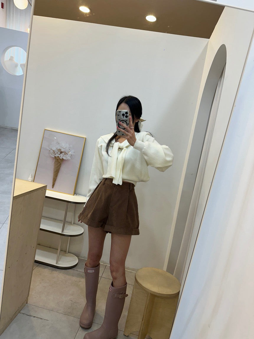 Mon. 減齡海軍領飄帶短款長袖上衣 米/藍/灰/黑