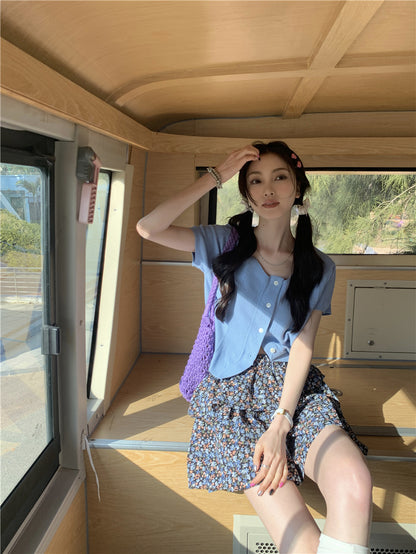 Thu. 方領針織鈕扣上衣 霧霾藍  蛋糕花裙