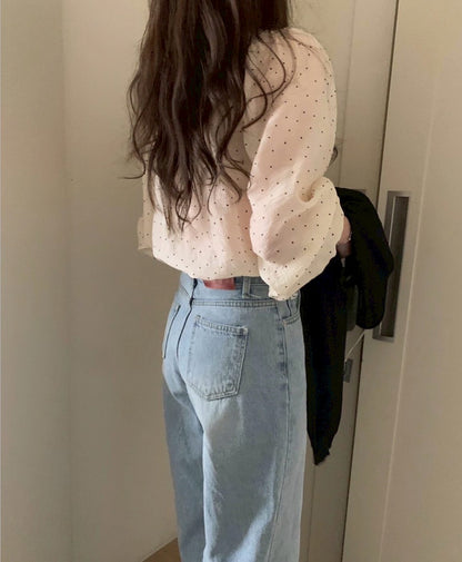 Mon. 韓系波點繫帶長袖襯衫 杏