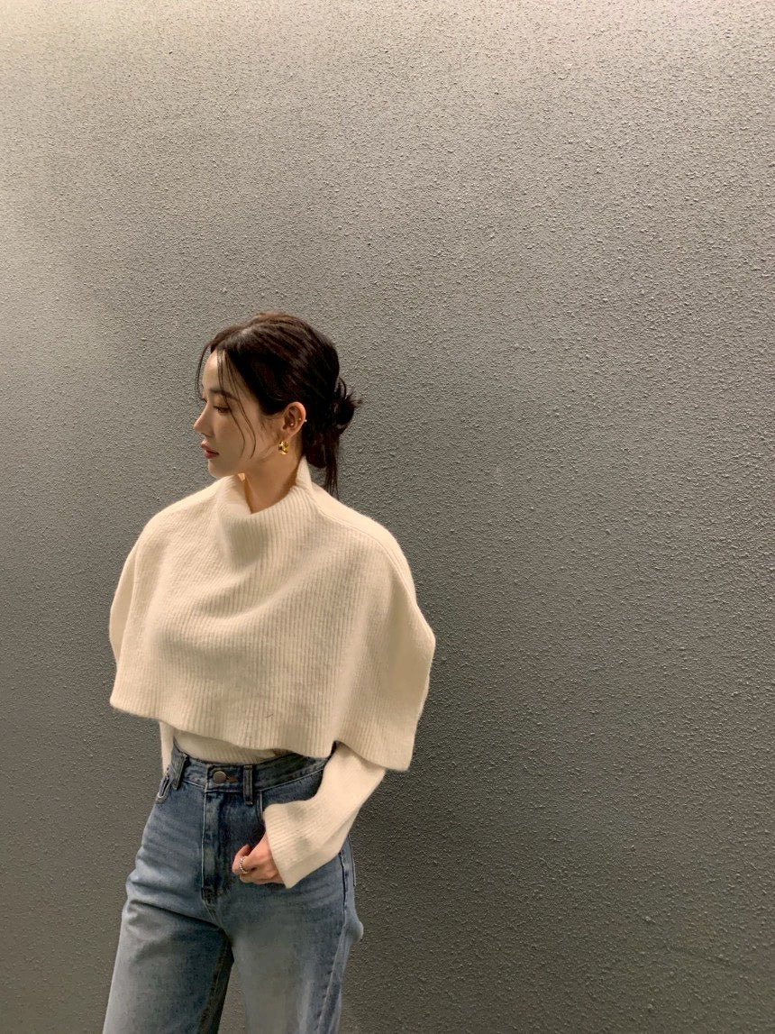 Fri. 斗篷疊穿氣質針織顯瘦2件式上衣 杏/黑