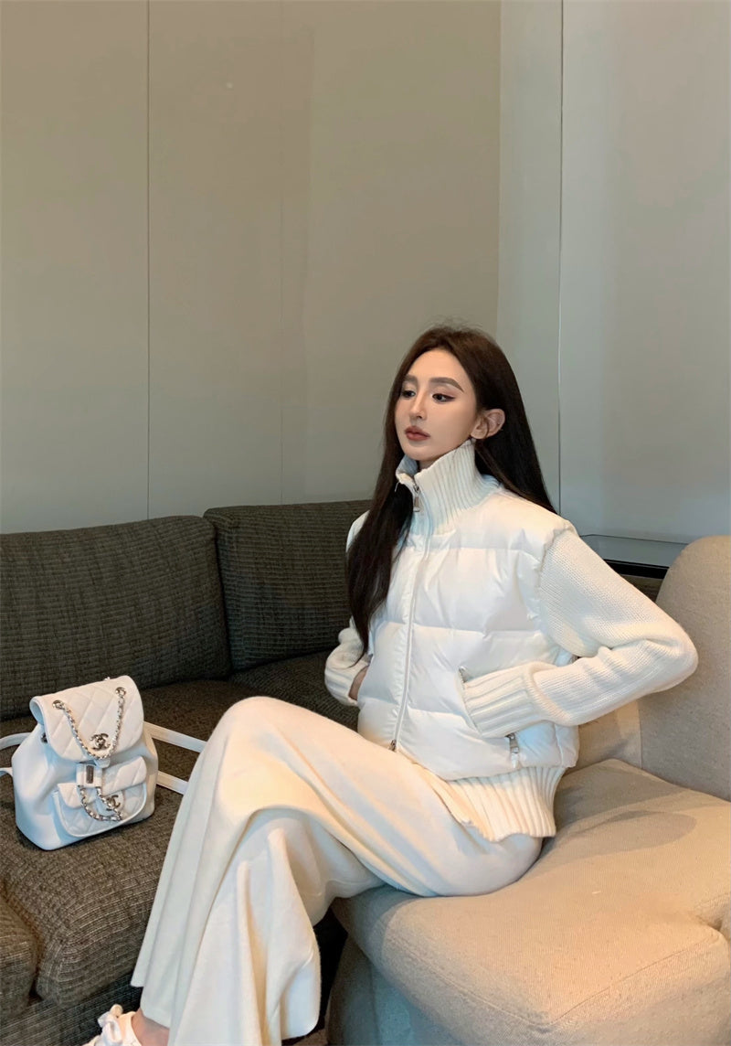 Sun. 美式休閒高領針織拼接羽絨外套