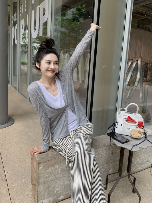 Sun. 慵懶直條亞麻抽繩褲