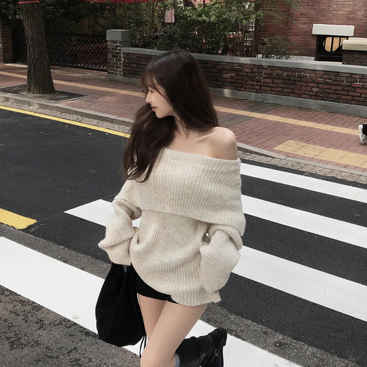 Mon. 穿不膩一字領針織上衣 杏/花灰