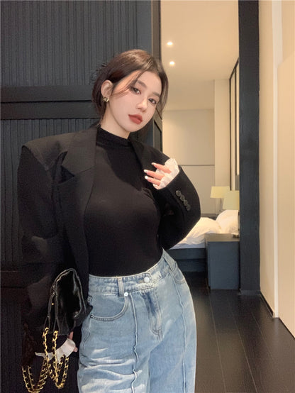 Wed. 法式高領花葉袖打底上衣 黑