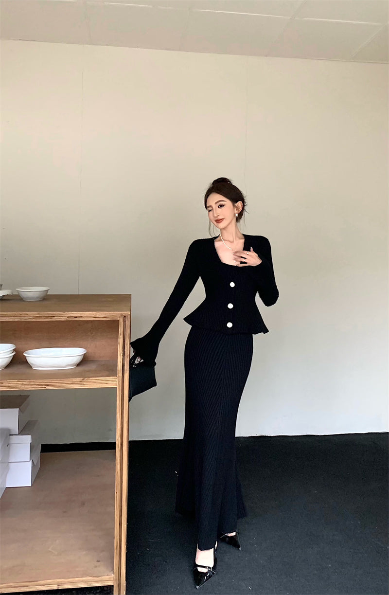 Wed. 優雅法式收腰針織開衫 方領連身裙 黑