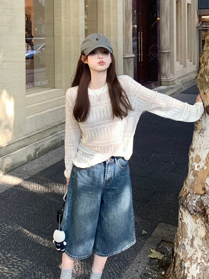 Mon. 淡系老錢 交叉縷空圓領針織薄長袖 白