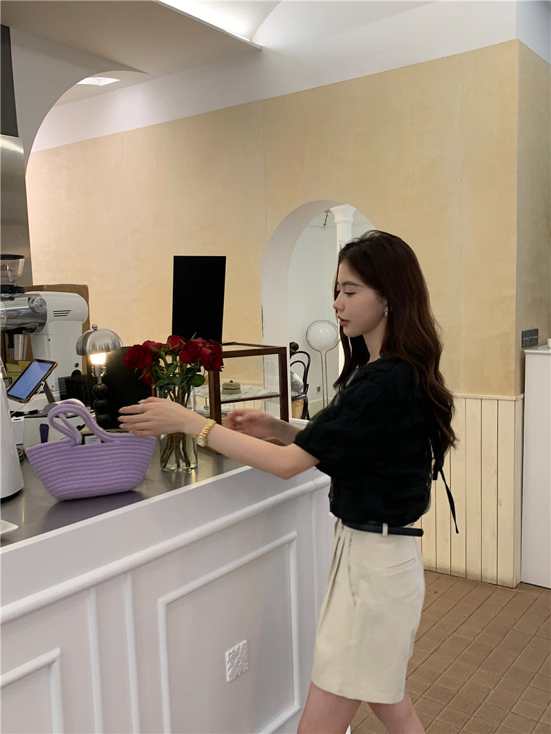 Thu. 後背綁脖網紗上衣 黑