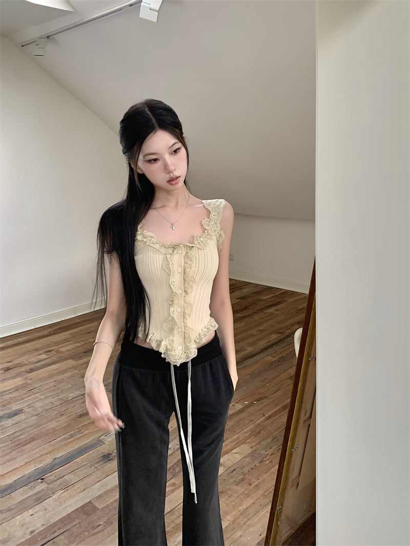 Fri. 復古蕾絲繞邊馬甲背心 卡其/黑