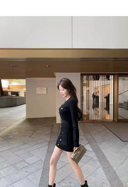 Thu. 江浙滬千金腰帶式金釦圓領針織連衣裙 黑