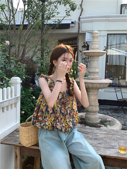 Thu. 油畫小碎花無袖上衣