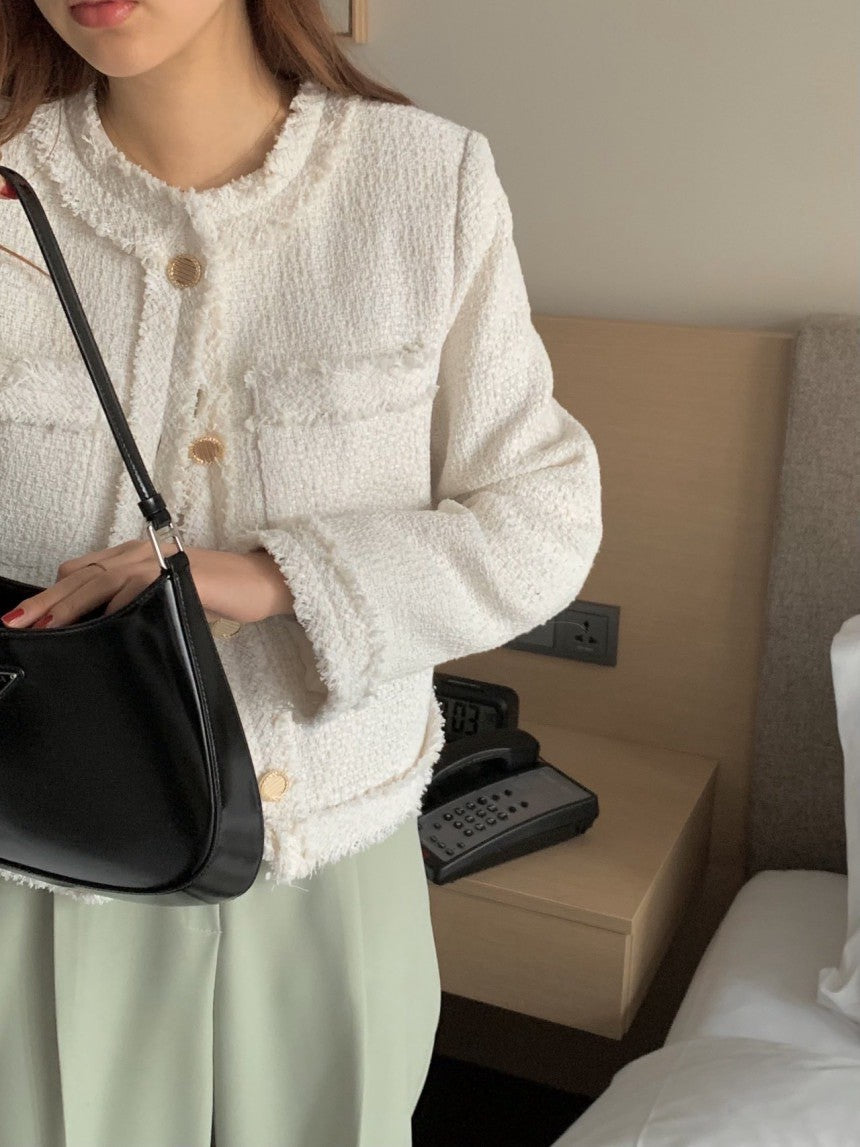 Thu. 小香粗呢鬚邊廓形西裝外套 白/黑