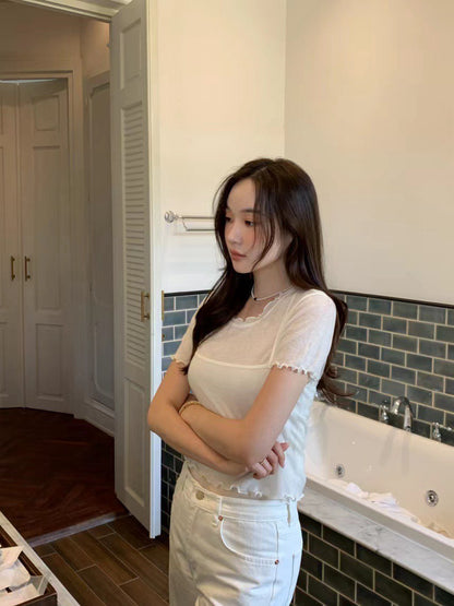 Thu. 顯嫩少女波浪袖兩件式疊穿上衣 米白/粉色