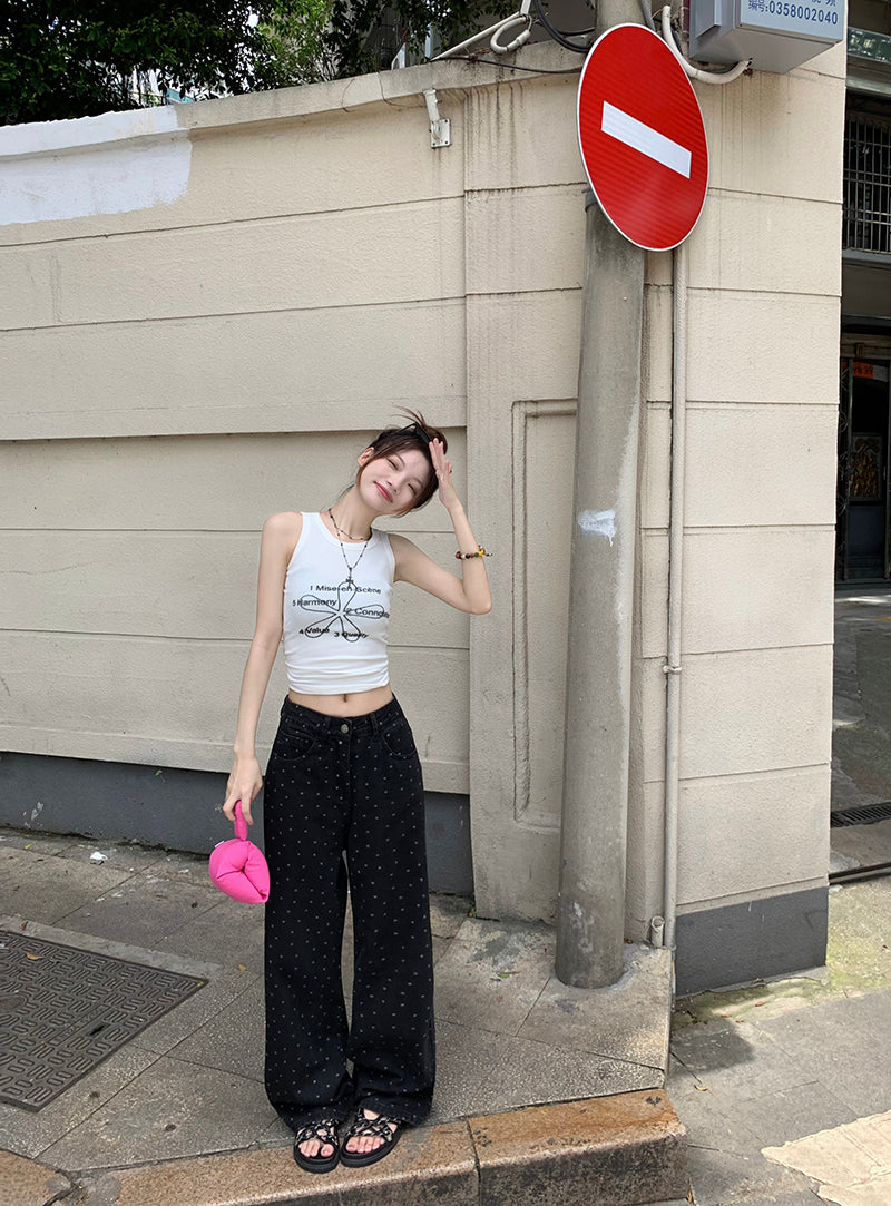 Mon. 波點牛仔寬褲 黑 新色