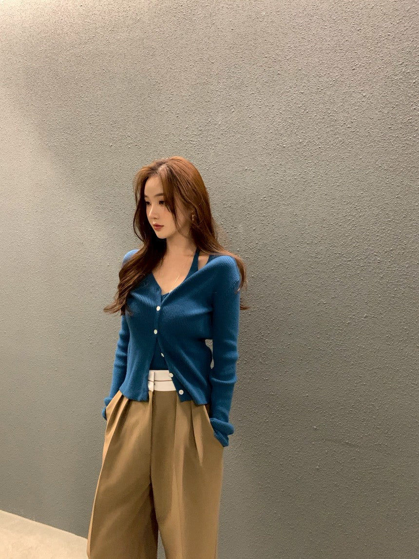 Fri. 慵懶chic針織V領挖背2件套 藍