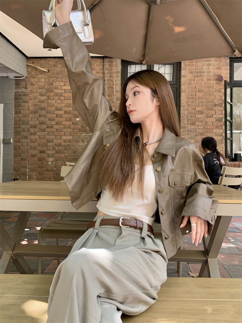 Mon. 今年必入短版皮襯衫外套 黑/咖