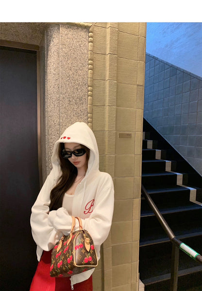 Thu. 女idol週末韓里韓氣刺繡連帽外套 紅刺繡