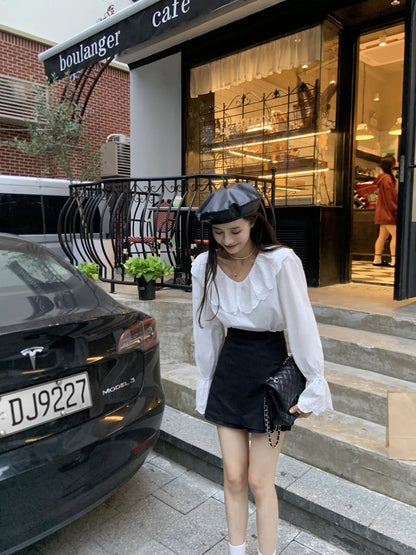 Sat. 氣質蕾絲拼接領上衣 白