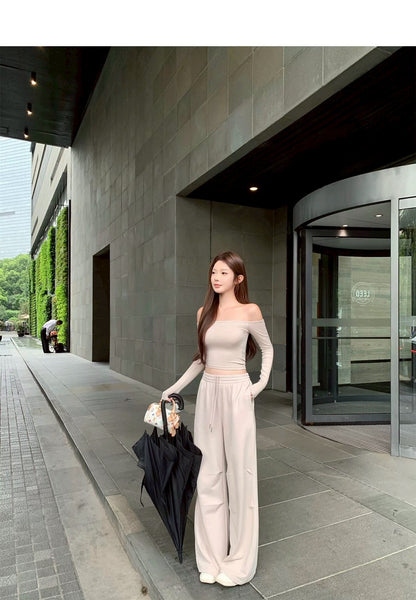 Tue. 韓女一字領顯瘦長袖上衣 鬆緊休閒褲 杏