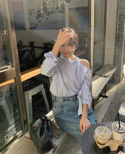 Mon. 復古韓早春條紋綁帶露肩上衣 藍