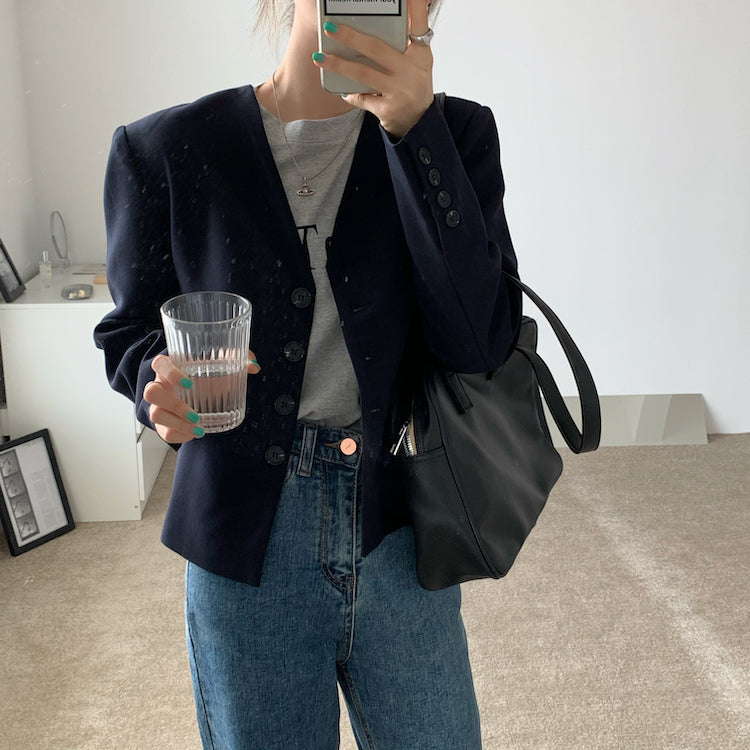 Mon. v領短版鈕釦西裝外套 深藍